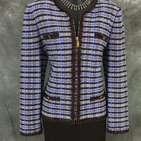 BEAUTIFUL St John collection knit blue brown multi jacket skirt suit size 8 - Picture 4 of 10
